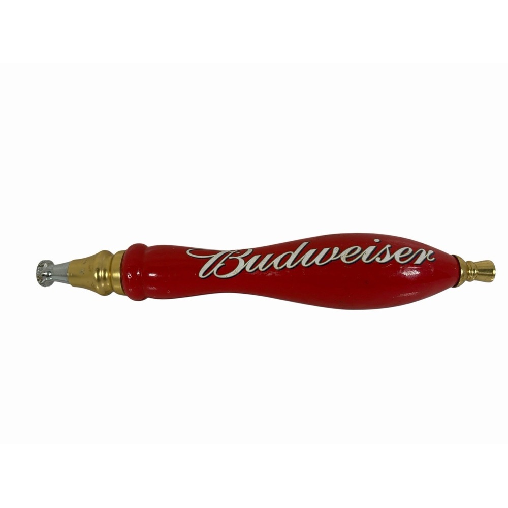 Vintage Red Budweiser Beer Tap Handle 12" White Script Gold Base Man Cave